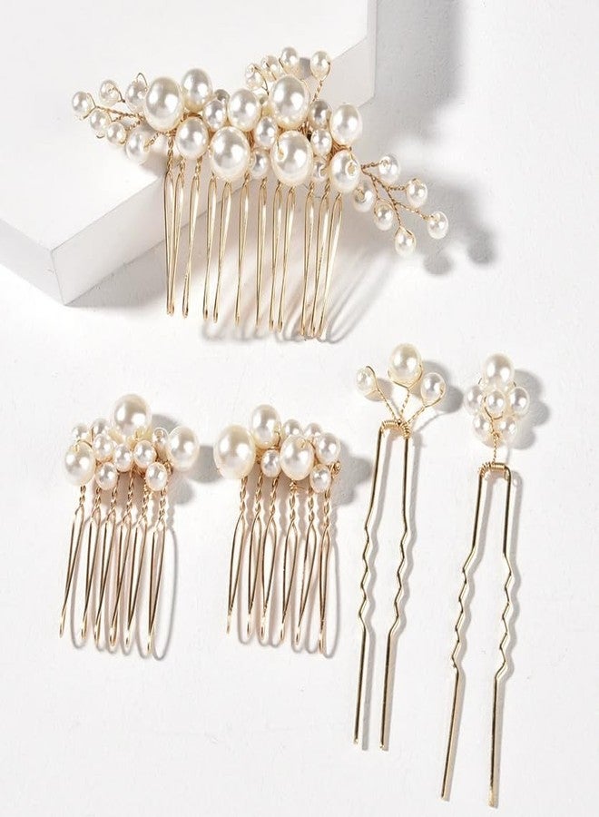 كويبي 5 قطع من دبابيس الشعر اللؤلؤية، أمشاط جانبية للشعر على شكل حرف U، مجموعة أمشاط شعر، إكسسوارات شعر للنساء والفتيات والعرائس ووصيفات الشرف (ذهبي) - Image 3